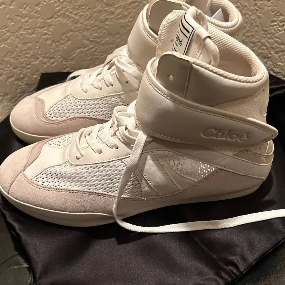 Chloe Women’s Size 41 Kick Leather & Mesh High Top Sneaker Cloudy Cream NEW
